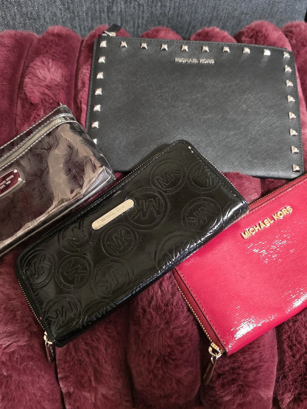 Michael Kors Black and Bright Pink Wallet Set with Studded Pouch
